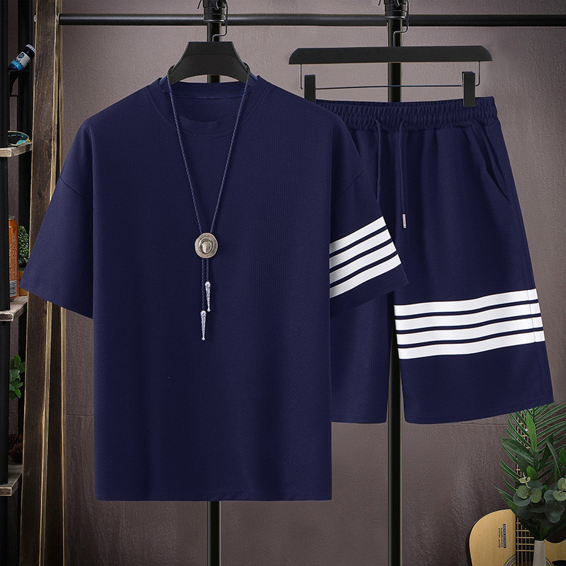 Waffle Short-sleeved Shorts Set Men's Summer Thin Two-piece Short-sleeved T-shirt Casual Sports Set Two-piece Set