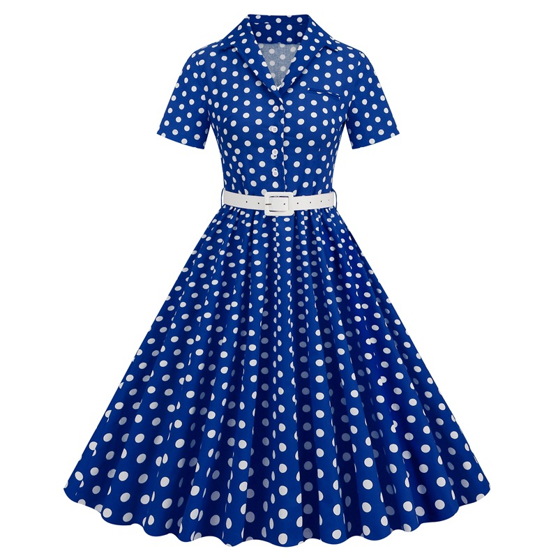 Amazon European and American women's polka dot stitching belt short sleeve European and American dress Hepburn vintage Amazon dress