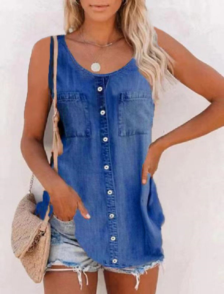 European and American Women's Cross-border Amazon 2023 Summer New Fashion Imitation Denim Vest Casual Printed Sleeveless Top