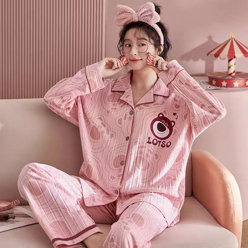 Pajamas Women's Spring and Autumn Cotton Thin Long Sleeve Outwear Autumn and Winter Cardigan Pajamas Women's Home Clothes Suit