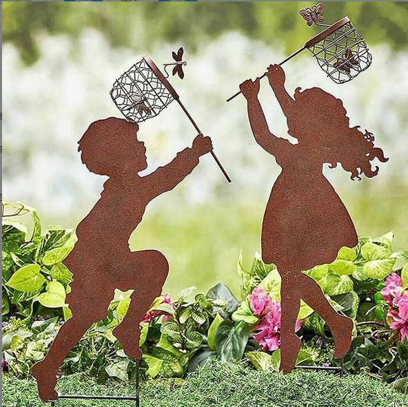 Cross-border metal silhouette little boy little girl farmer farmhouse art plug-in ornaments decoration manufacturers supply