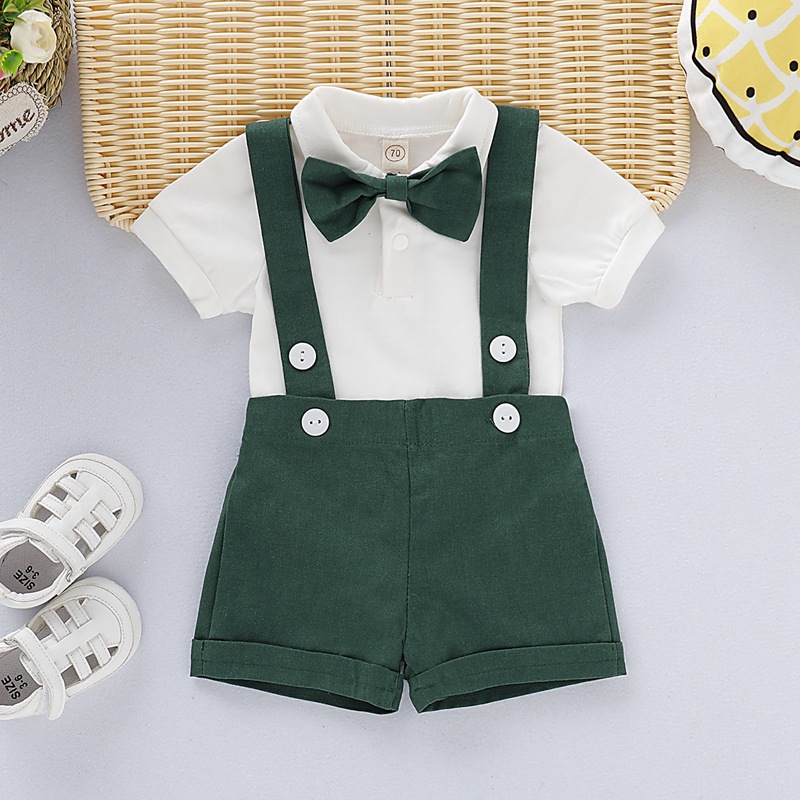 ins Explosive Foreign Trade Children's Wear Korean Style Summer Children's Suit Solid Color Short-sleeved Small Gentleman's Strap Pants