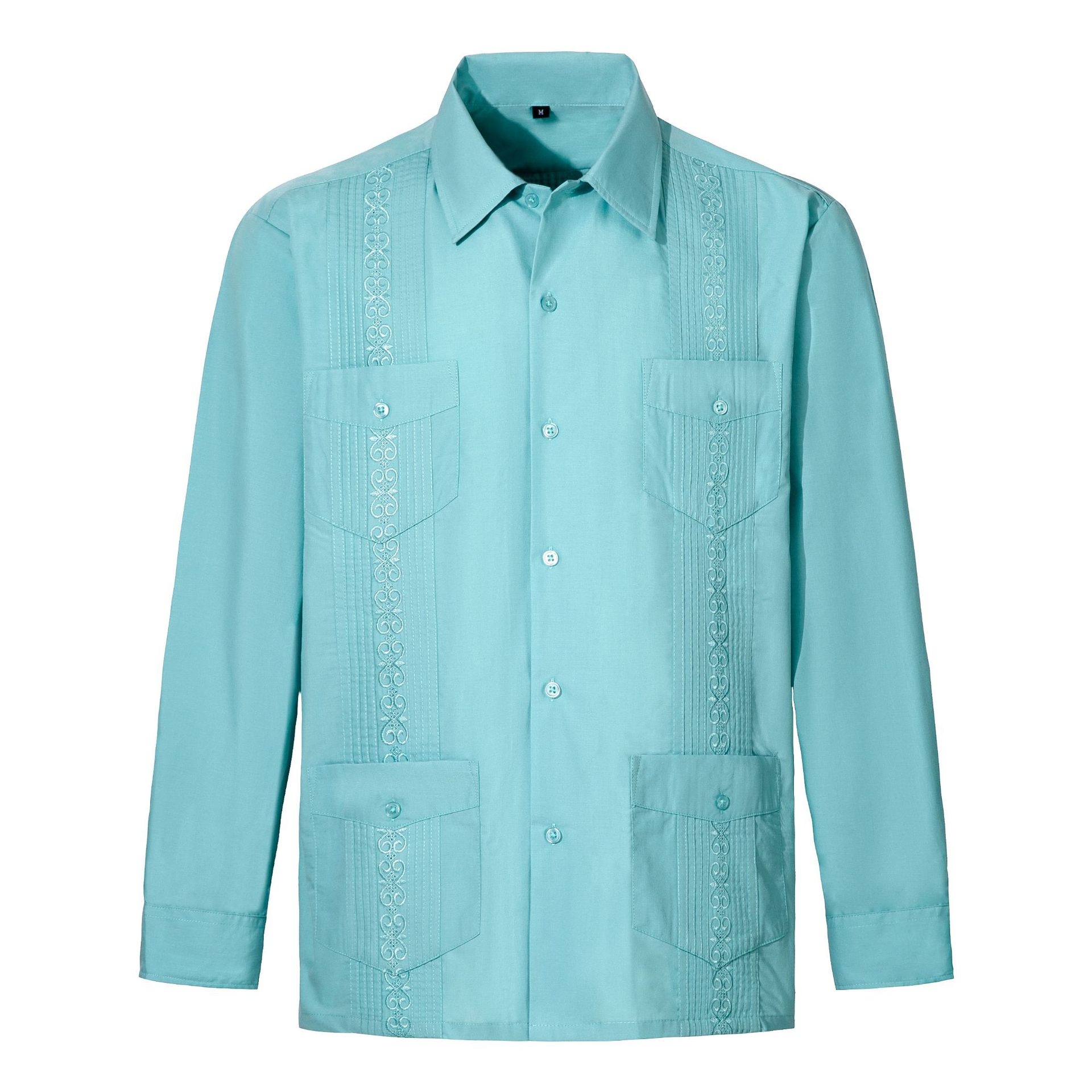 European and American Explosions Men's Guayabelala Shirt Men's Long Sleeve Four Pocket Shirt Factory Outlet