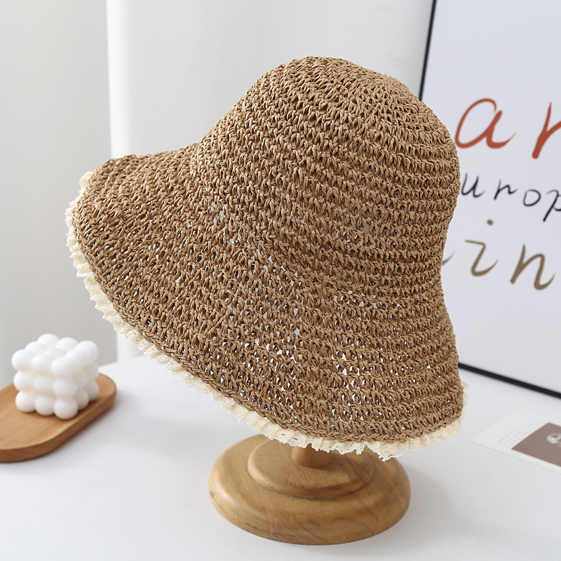 Summer vacation casual big brim sun hat straw hat female fresh lace solid color all-match fisherman hat Korean style