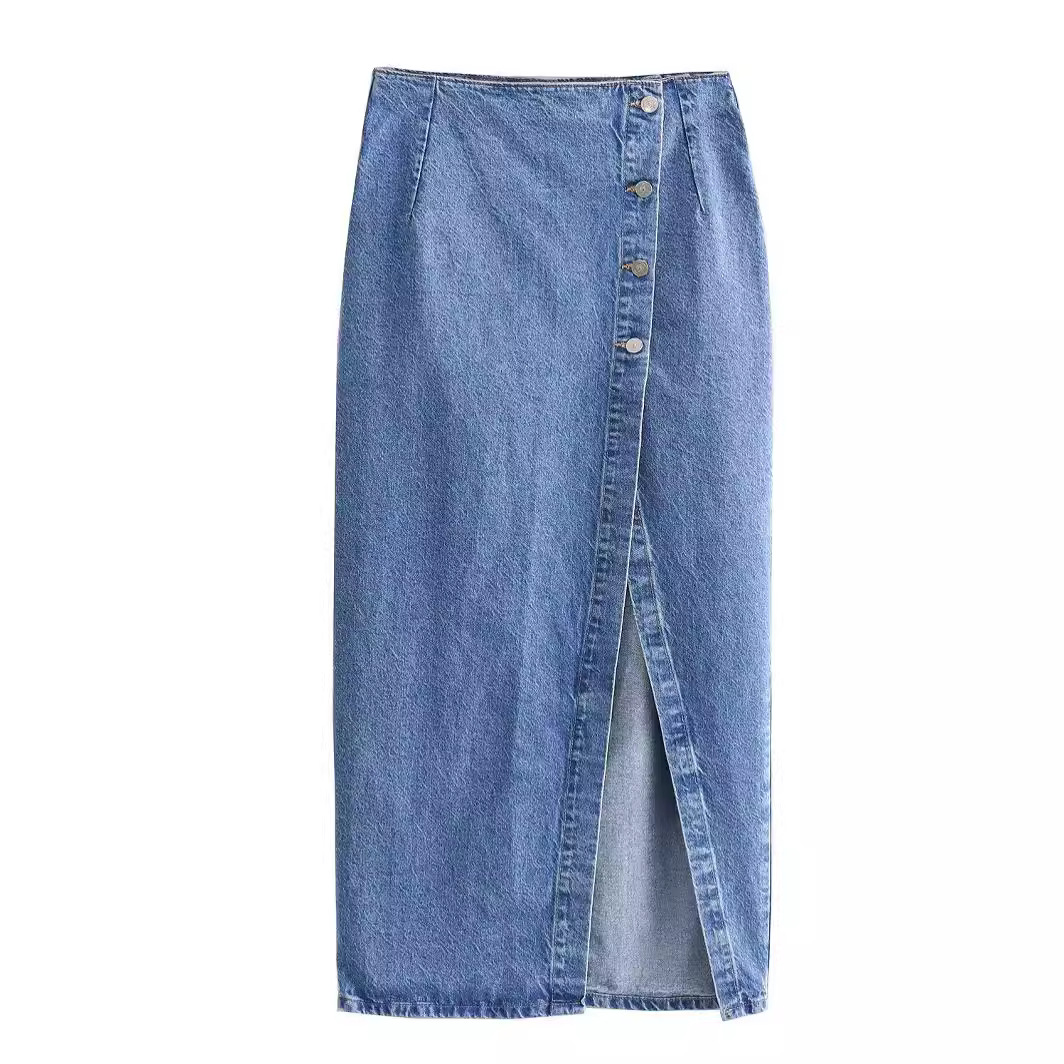 Spring and Summer 2024 Casual Women's Solid Color Buckle Decorative Stitching Short Denim Vest High Waist Split Straight Skirt