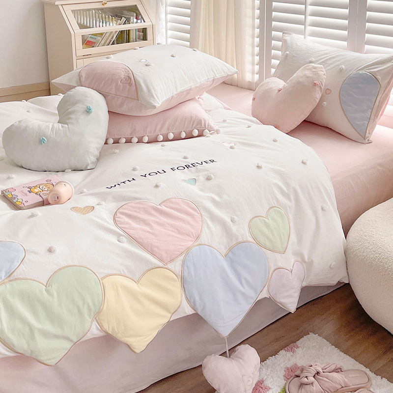 Love pendant | Princess style Korean style fur ball pure cotton washed cotton four-piece cotton girl's heart bedding