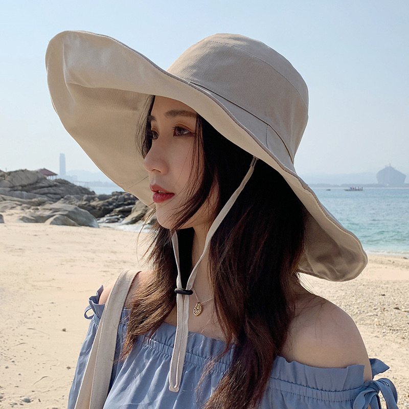 Hat Women's Summer Solid Color Large Brim Double-sided Fisherman Hat All-match Outdoor Sun Hat Foldable Travel Sunscreen Hat Trendy