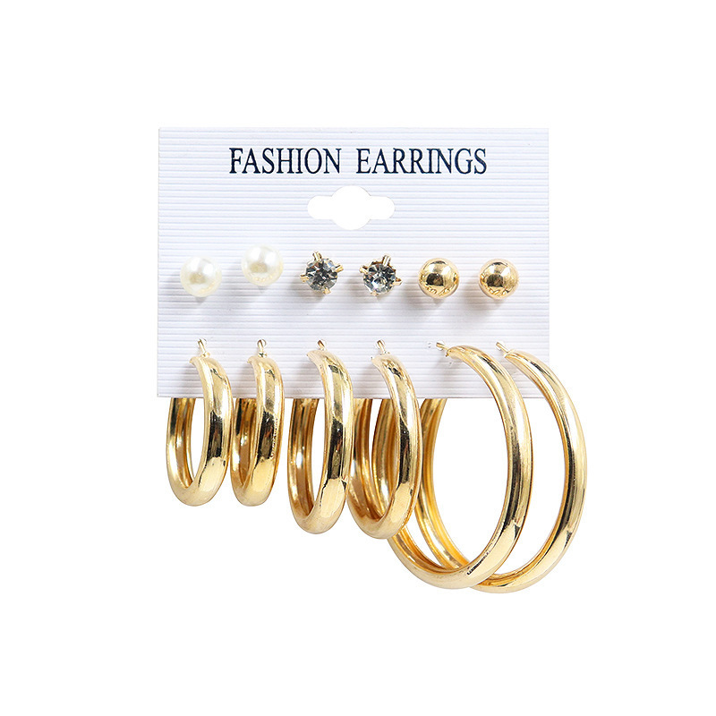 Cross-border hot selling European and American metal C- shaped large circle earrings simple rhinestone pearl earrings women's suit earrings