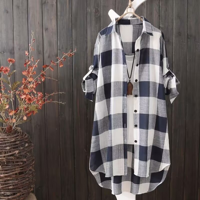 Women's sun protection clothing shirt Women's Mid-length plus size women's loose slimming fashionable plaid shirt women's casual coat