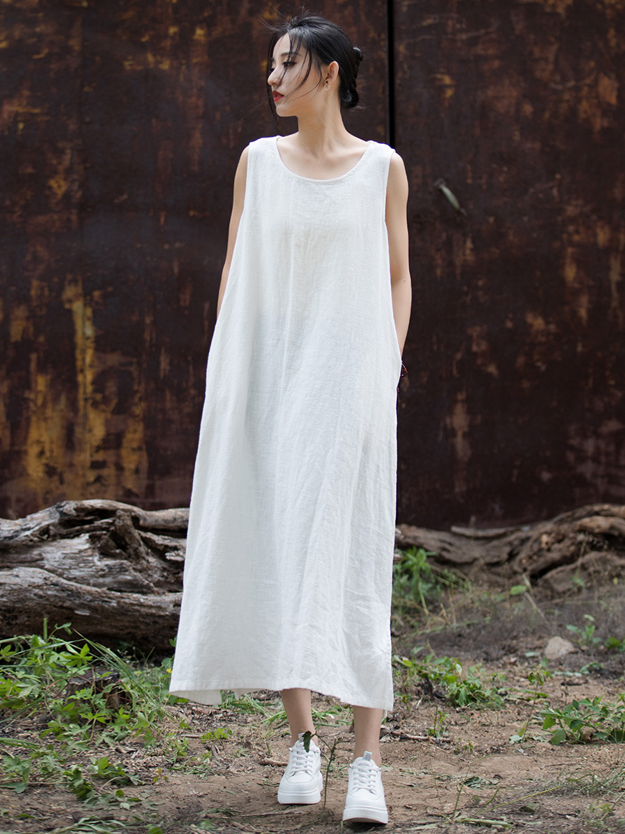 2024 Spring and Summer Cotton Linen Women's Clothing New Ramie Sleeveless Lace-up Dress Home Travel Long Dress Literary Style Dress