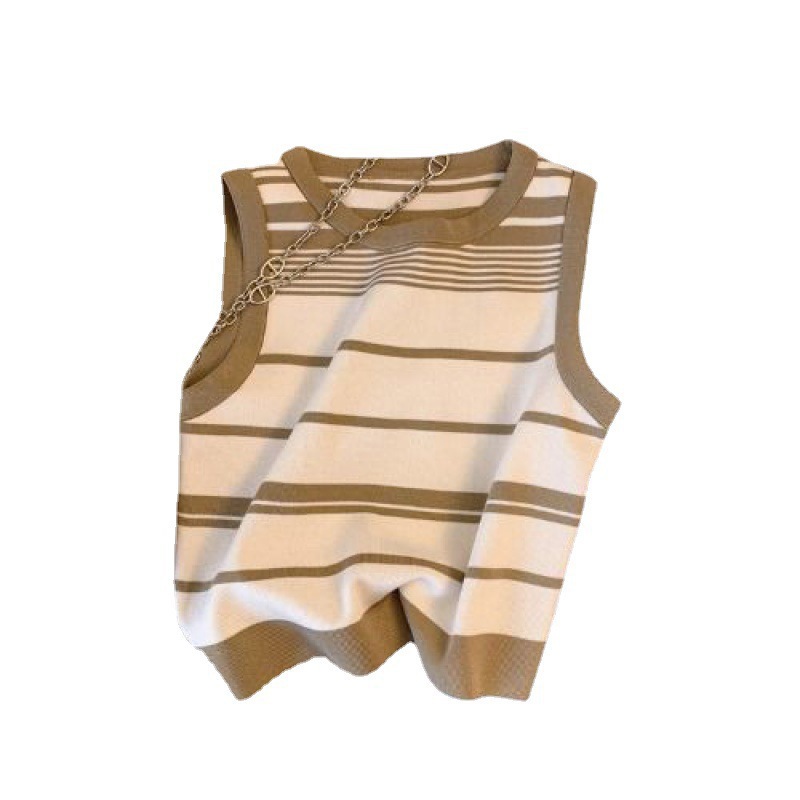 French Sweet Spice Striped Sleeveless Ice Silk Knit Women's 2024 Summer New Short Casual Vest Top for Women