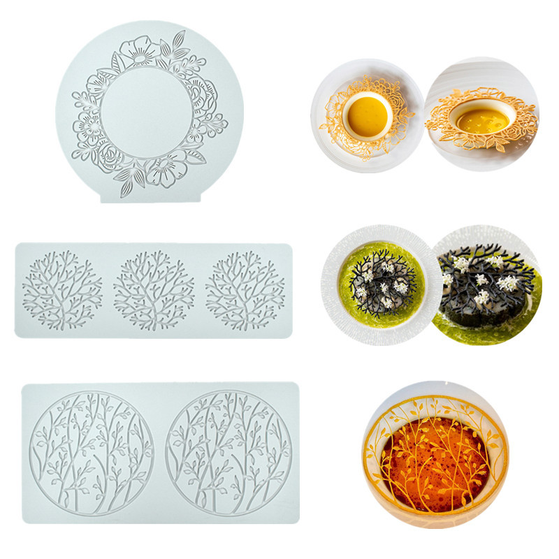 Round wreath flip sugar lace pad hollow floral coral pendulum silicone mold molecular cuisine printing pad