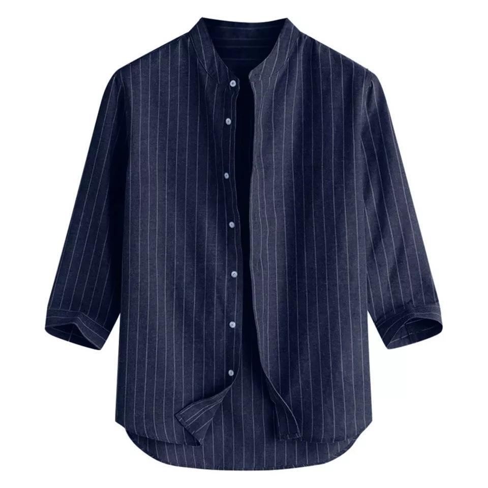 2023 new Japanese striped youth thin stand collar linen 3/4 sleeve men's shirt fresh Artistic style