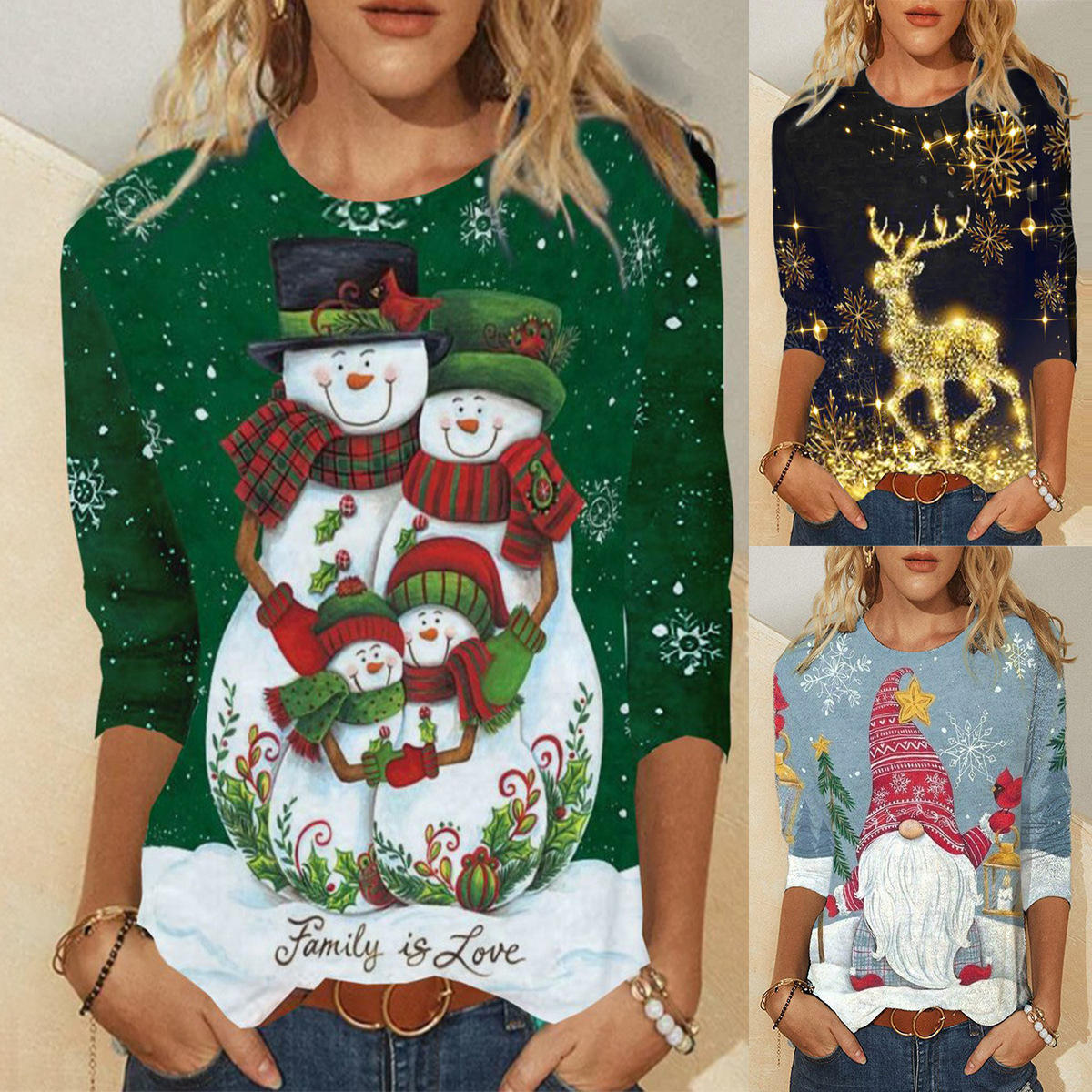 2024 Europe and the United States cross-border women's wish independent station ebay Christmas printing long sleeve T-shirt foreign trade manufacturers in stock