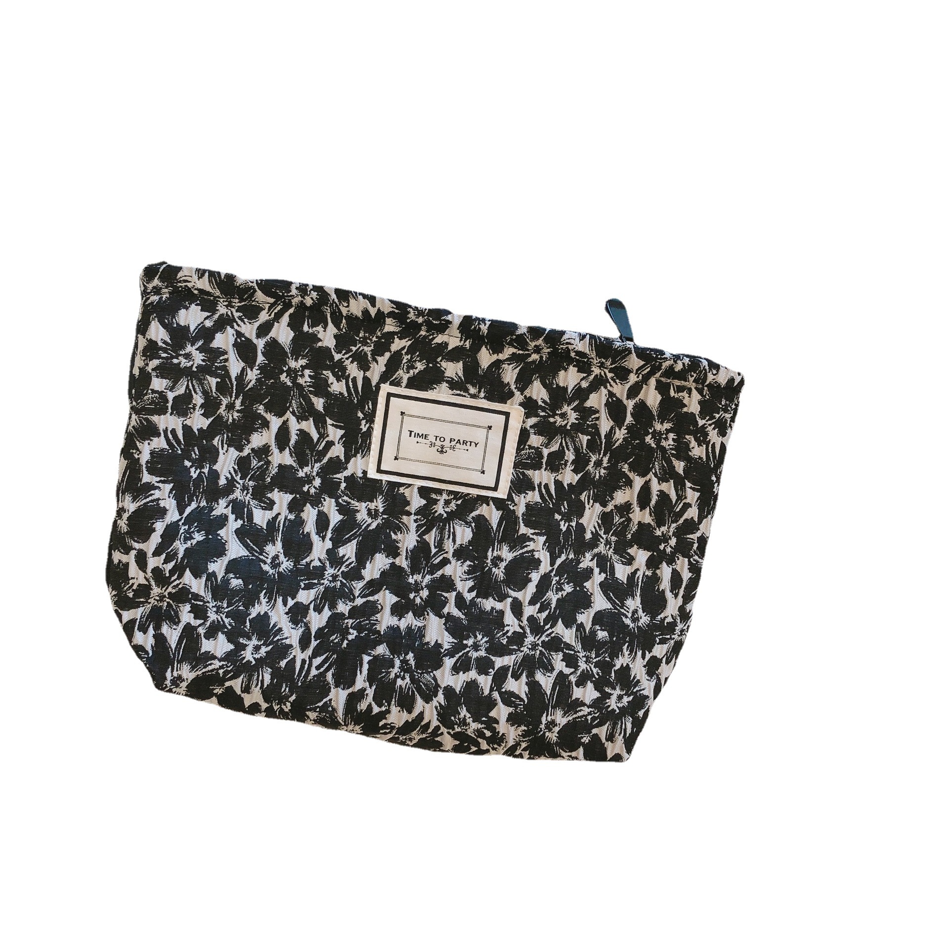 [Su Xi cloth bag] black and white bow makeup bag hand bag corrugated texture jacquard flower small fragrant style cloth bag
