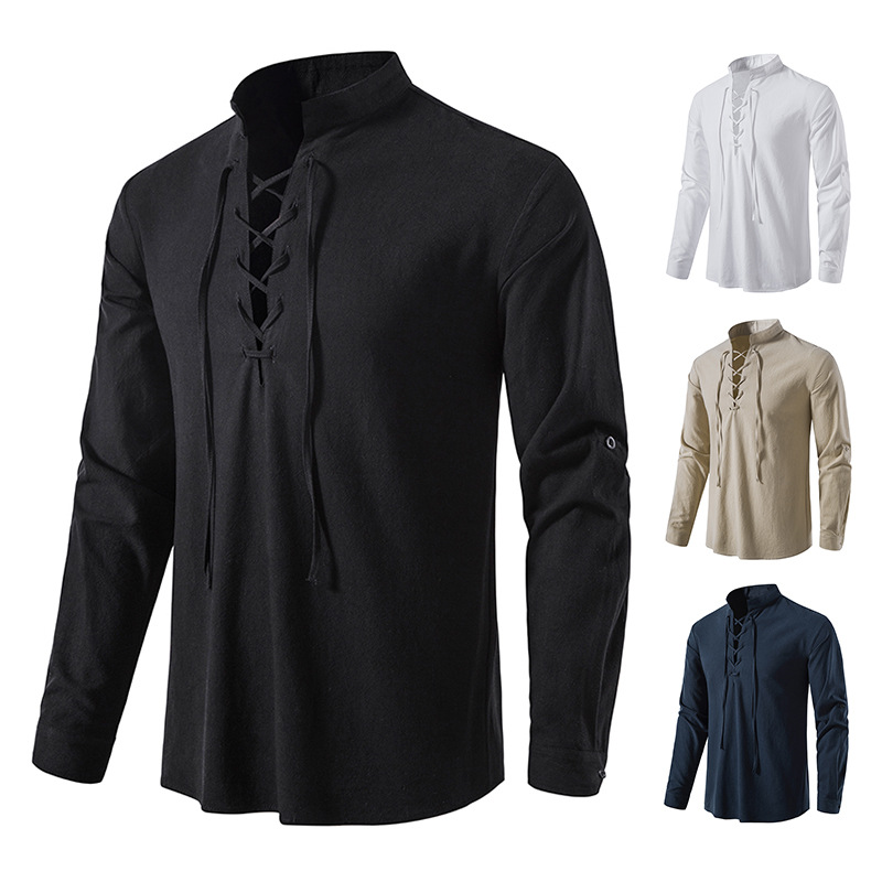 Amazon men's cotton and linen Henry shirt long sleeve hippie casual beach stand collar shirt A275
