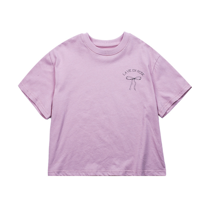 Emo Beibei Children's Clothing 2024 Summer Children's Short-sleeved Large and Small Girls Han Fan Loose Back Bow T-shirt