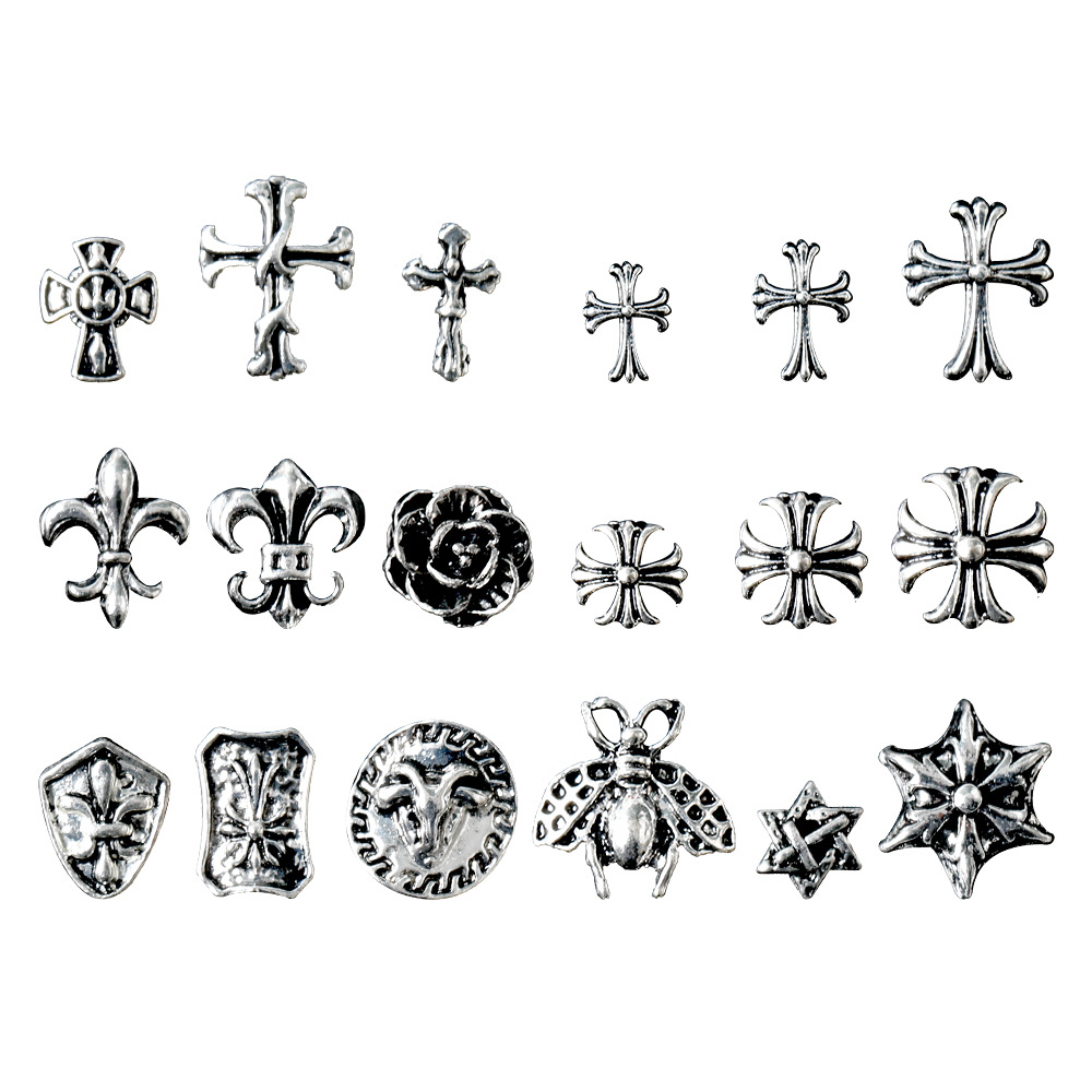 New Nail Art Cro Heart Vintage Alloy Jewelry Punk Style Cross Army Flower Hexagonal Star Nail Metal Diamond Accessories