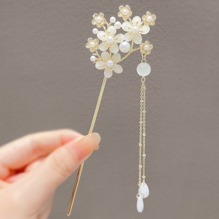 Hairpin Antique Style High-end Sense Imitation Chalcedony Flower Hair Cheongsam Pearl Tassel New Chinese Style New Style Hairpin for Women
