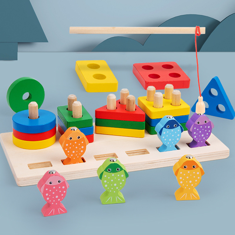 Two-in-One Three-Dimensional Magnetic Fishing Set Column Building Blocks Children's Montessori Shape Cognitive Matching Early Education Wooden Toys