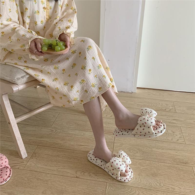 Cute Girl Heart Bow Summer Linen Slippers Indoor Home Flat Four Seasons Fabric Floor Slippers for Women