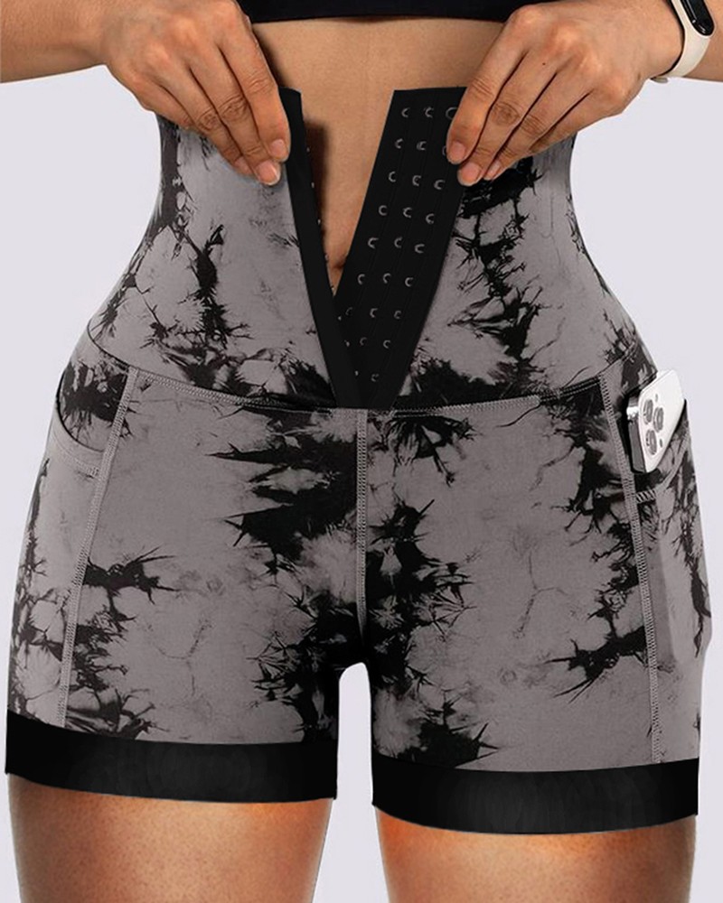 European and American Amazon Women's High Waist Abdominal Yoga Three-point Shorts Peach Hip-lifting Tie Bleaching Dye Sports Tights