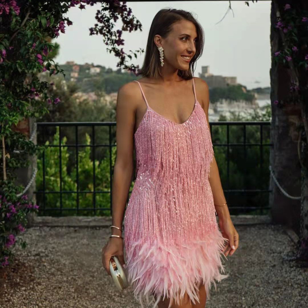 2025 Summer New Fashion Tassel Sequins Feather Stitching Dress Color dress Amazon Explosions in stock Women