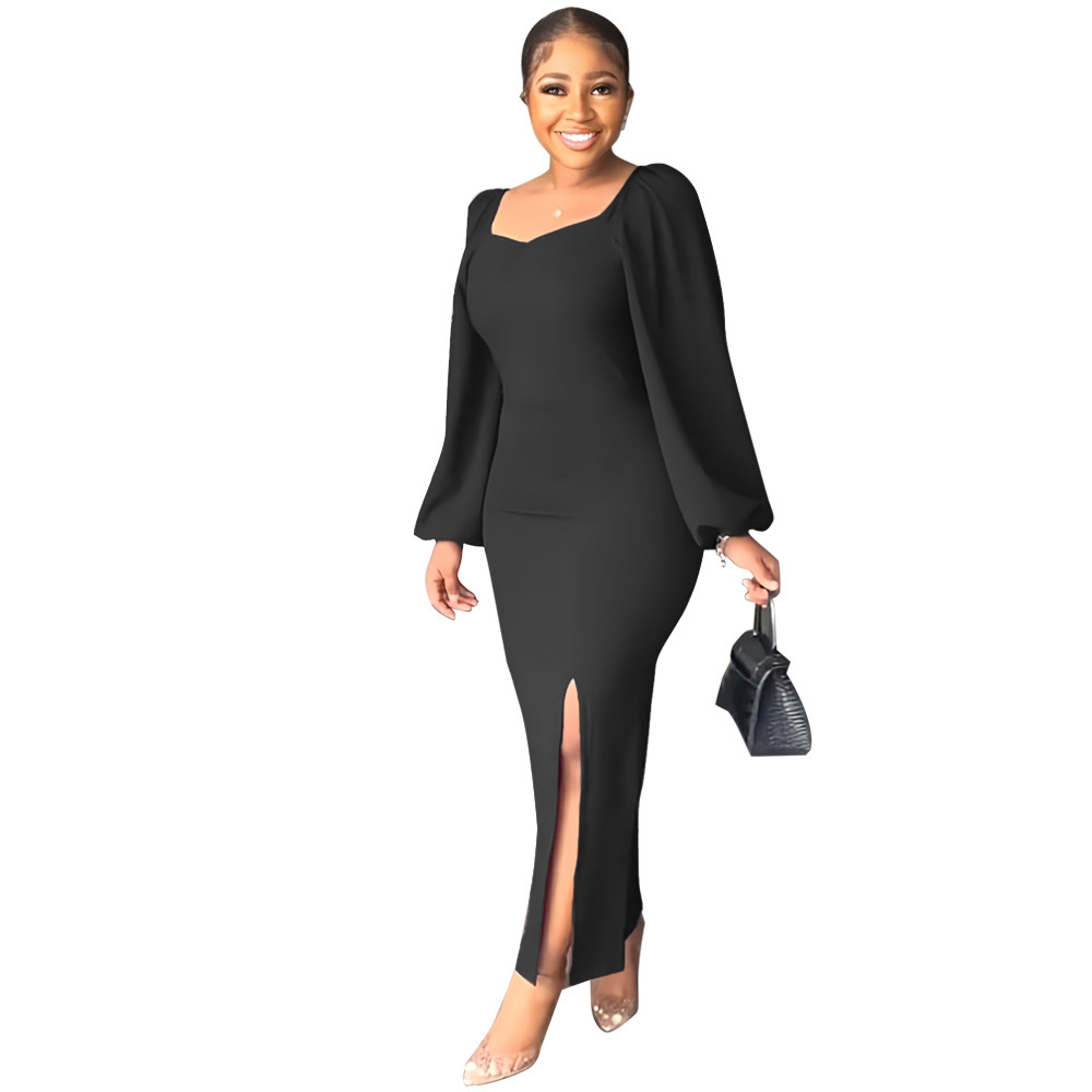 L0374 Amazon AliExpress Summer Solid Color Long Sleeve Dress Long Dress