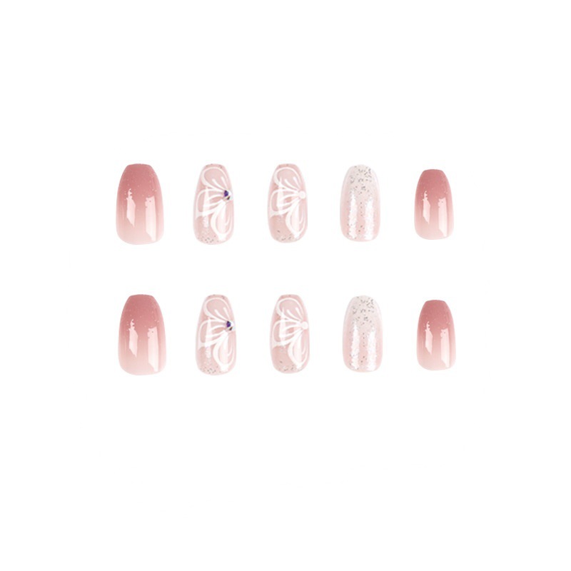 Foreign trade nail piece wholesale Pink Gradient glitter pure want to wear a butterfly rhinestone wear nail piece wholesale finished product