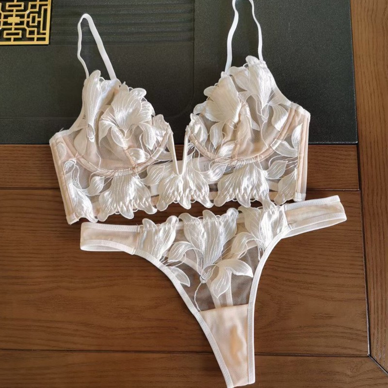 European and American New Sexy Deep V Embroidered Lace Underwear Women's Ultra-thin Big Chest Shown Small Push-up Bra Set Bra