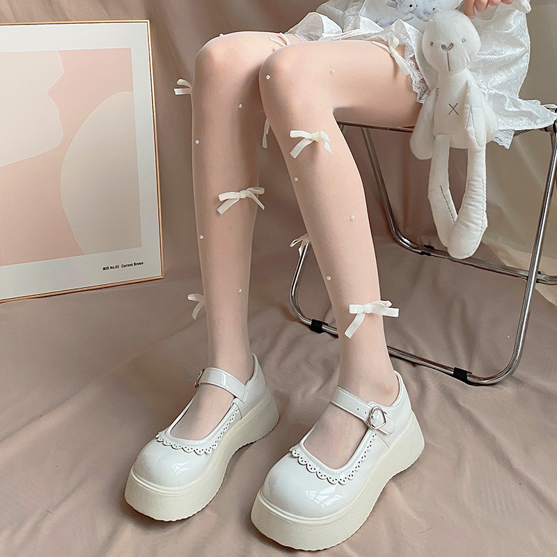 Pearl Bow Lolita White Silk Stockings Women's Summer Thin Japanese Sweet Lolita Bottoming Pantyhose_voghion.com