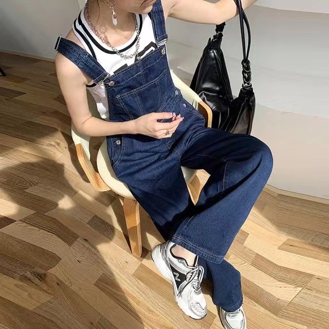 Denim Suspender Pants Trousers for Female Students Spring and Autumn New Korean Style Wide Leg Pants Loose Floor-length Pants High Waist One-piece Pants