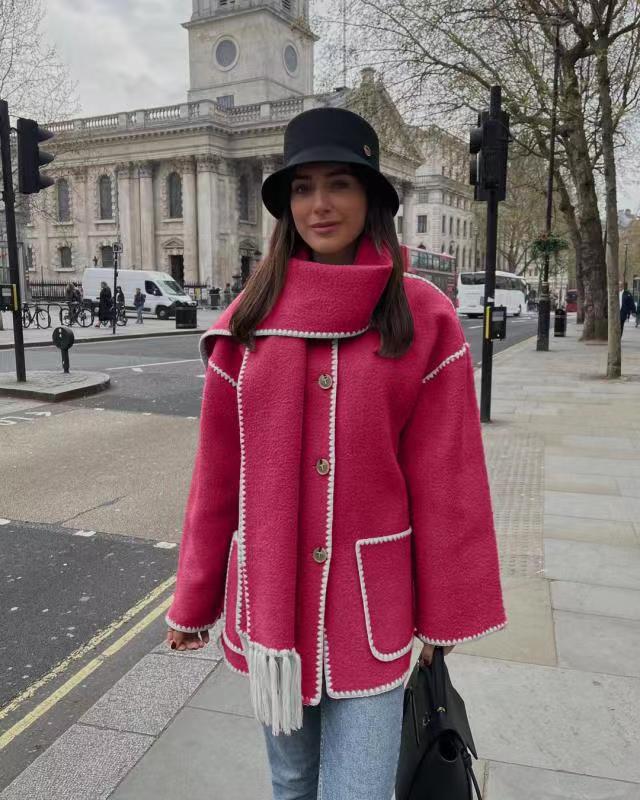 Amazon European and American women's clothing 2023 autumn and winter new fashion woolen coat thickened loose with scarf tassel Women's