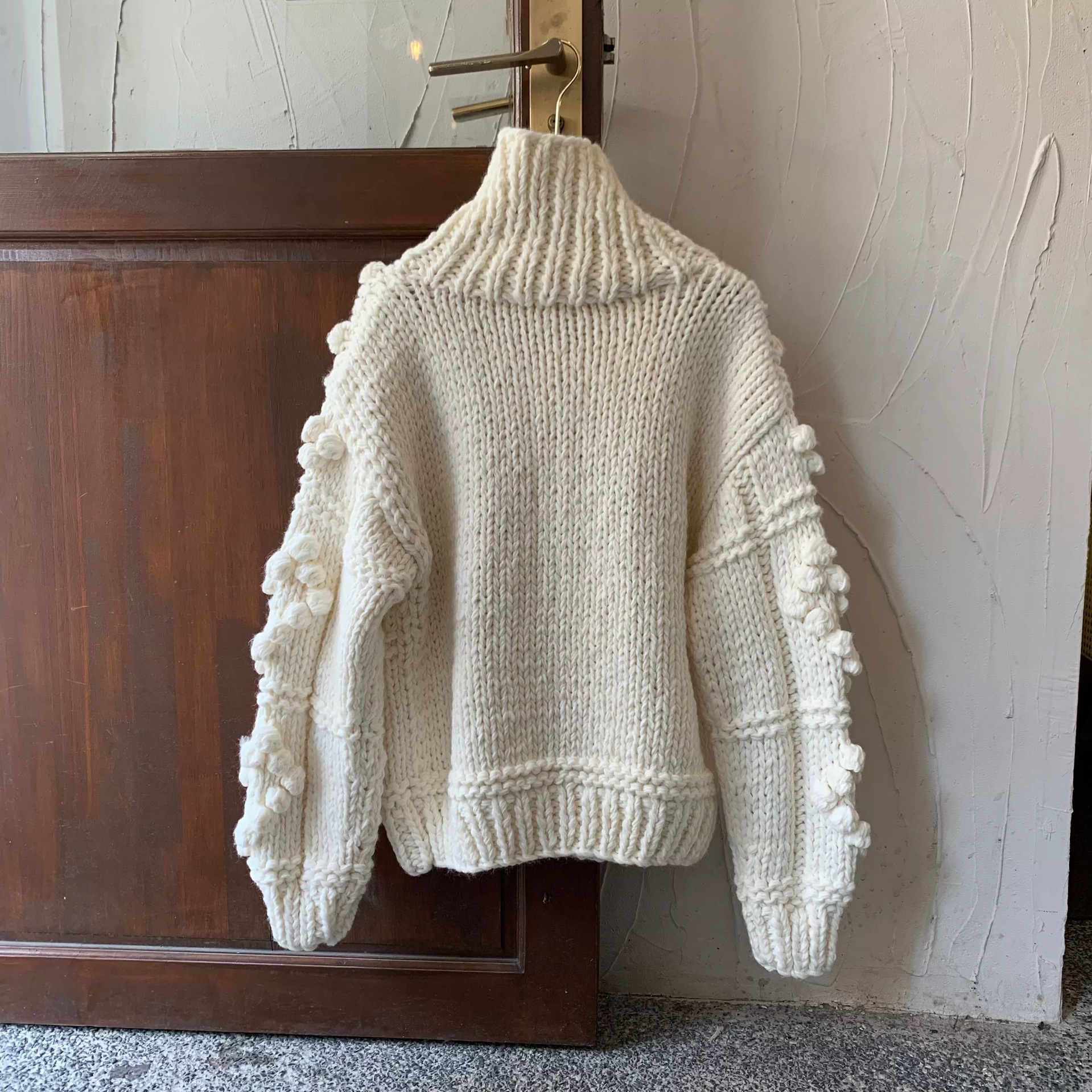 Autumn and Winter Design feeling lazy style loose thickened all-match turtleneck white handmade ball sweater coat knitted cardigan_voghion.com