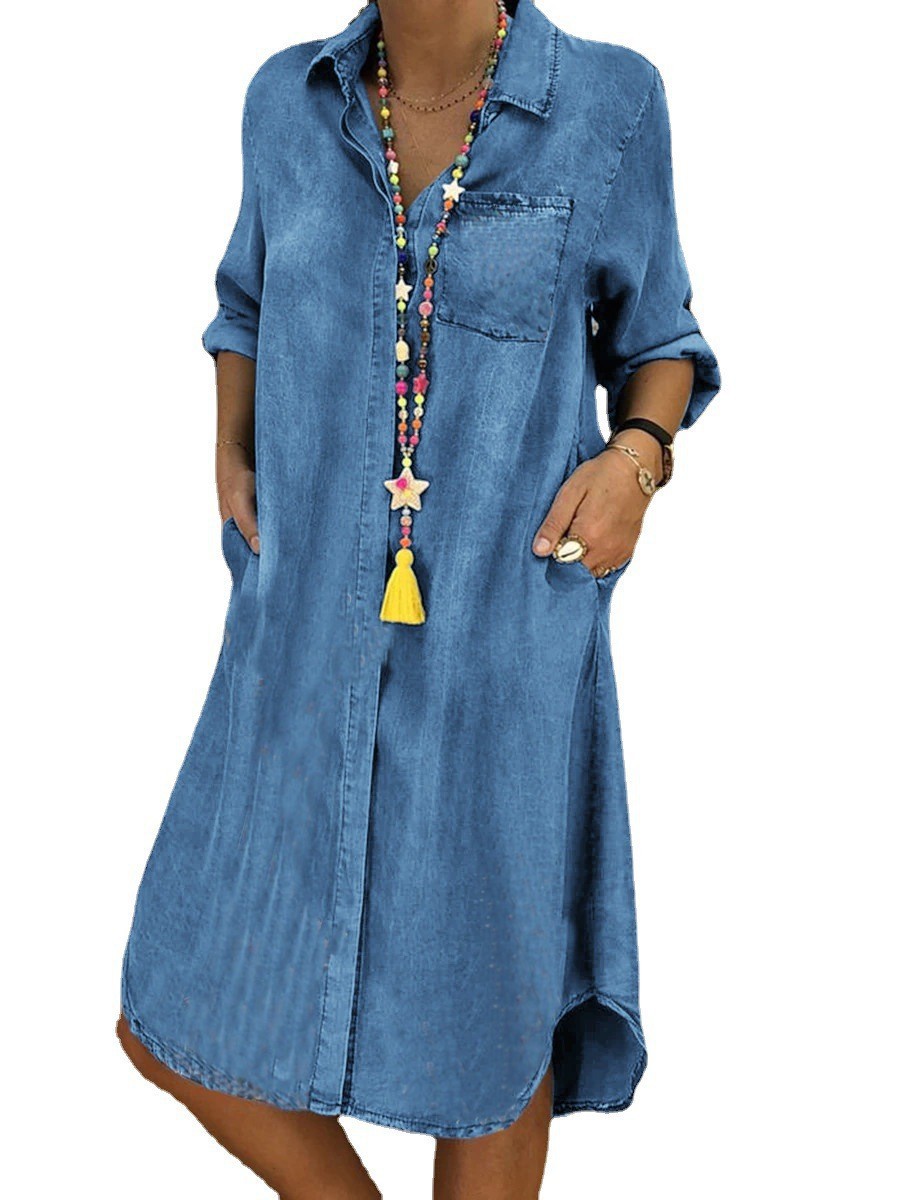 2022 Amazon AliExpress wish Large Size Women's Denim Dress Foreign Trade Solid Color Large Size Casual Dress