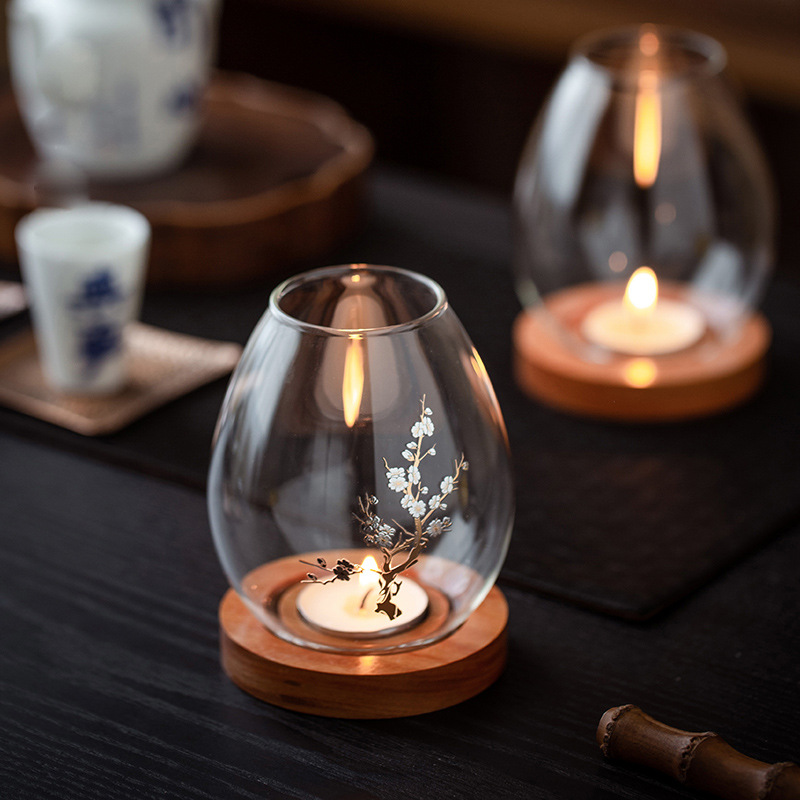 Transparent Glass Candle Holder Chinese Style Ornaments Romantic Candlelight Dinner Zen Style Vintage Household Windproof Candle Cover