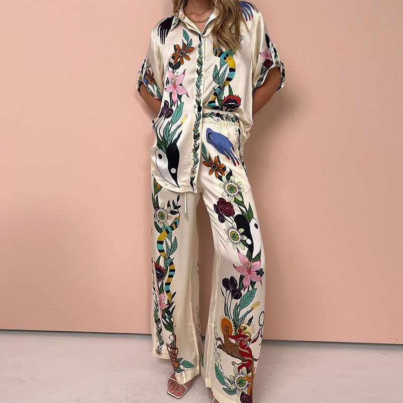 2025 independent station European and American women's printed color matching elastic waist pocket wide leg casual fashion suit women's two-piece set