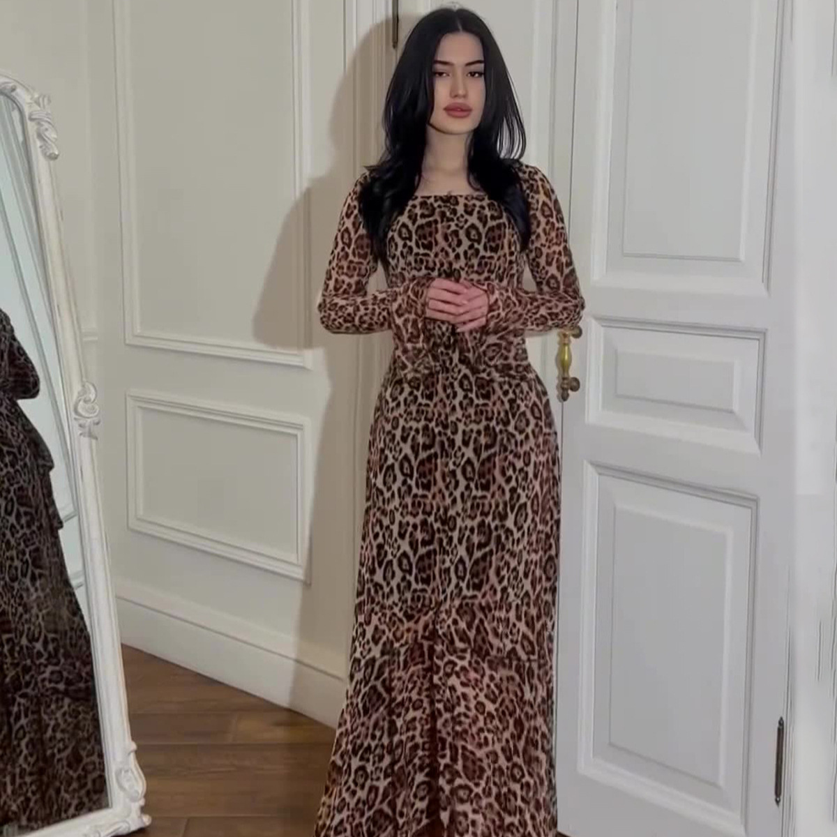 Amazon Europe and the United States 2024 spring new chiffon leopard lotus leaf sleeve temperament long stitching irregular dress