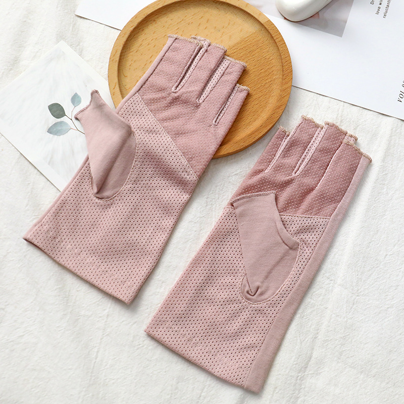 Half-Finger Gloves Sunscreen Women's Summer Driving Anti-UV Cotton Thin Riding Anti-Slip Half-Finger Nail Gloves_voghion.com