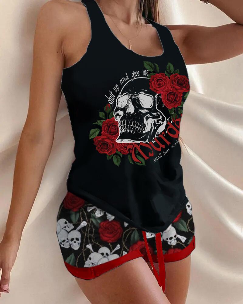 Halloween New I-Shaped Printed Vest and Drawstring Belted Shorts Set Elegant Commuter Sleeveless Women's Clothing