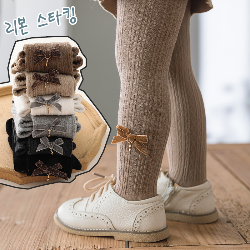 Cross-border children's pantyhose wholesale 2021 autumn double needle stripe bow girls leggings cotton children's pantyhose