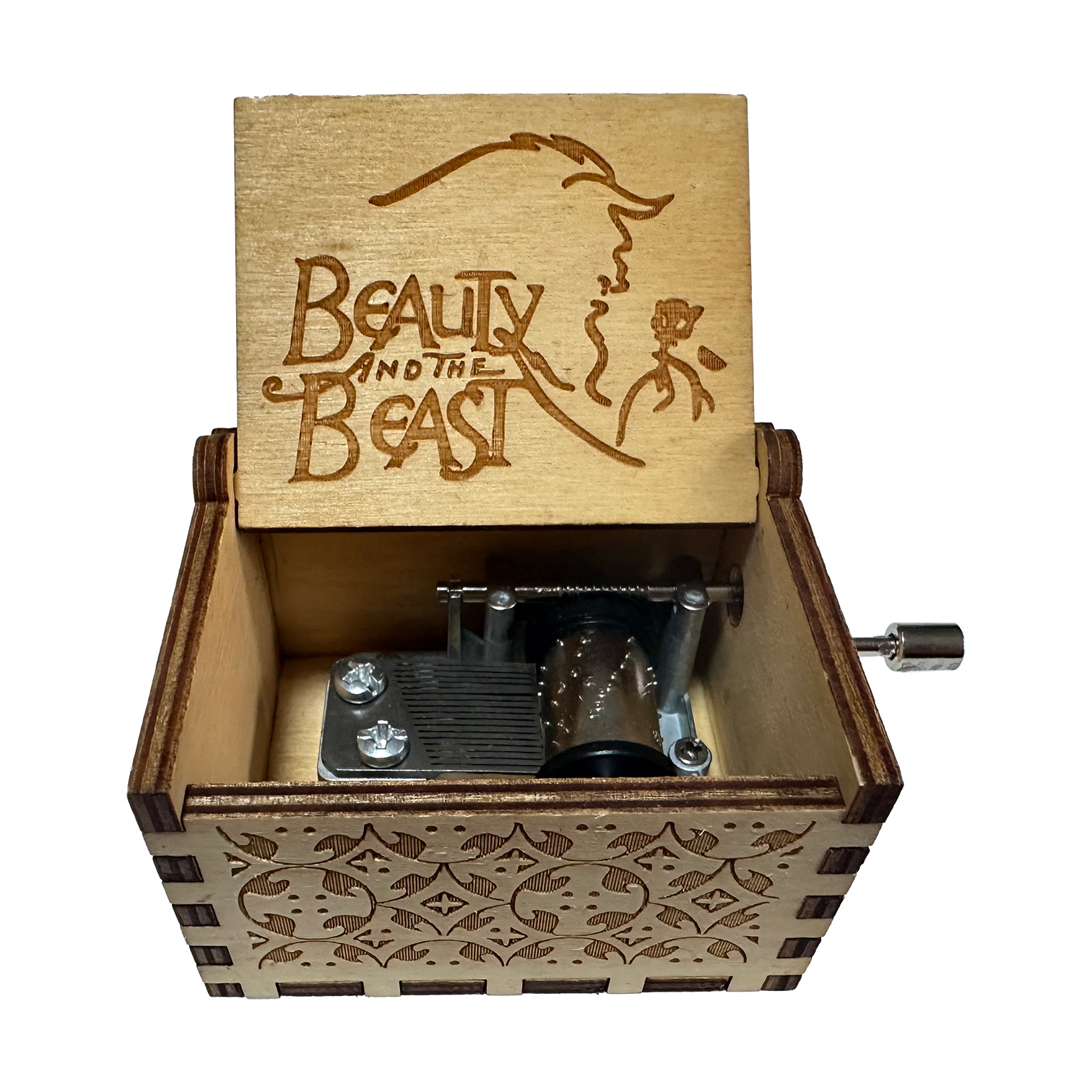 Wooden Music Box Classic Carving Beauty and the Beast Valentines Day Music Box Crafts White Hand-crane Music Box