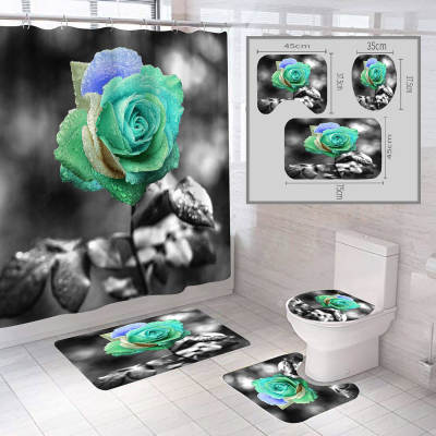 Polyester Waterproof 3D Digital Printing Shower Curtain Floor Mat Four-piece Set Toilet Three-piece Set Valentine's Day Rose Series Wholesale