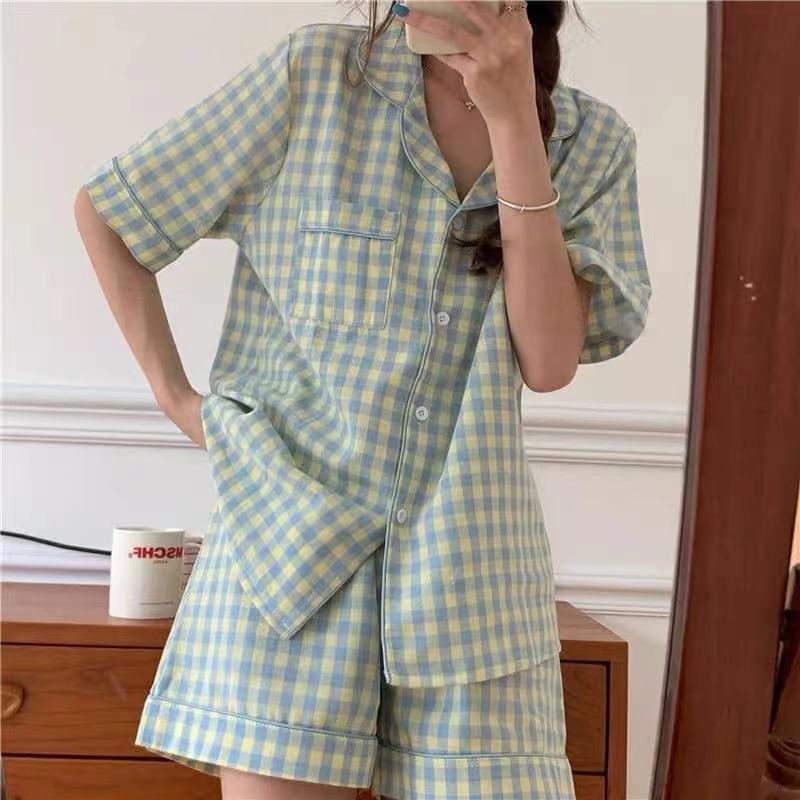 ins Fresh Pajamas Women's Summer Short-sleeved Shorts Korean Style Cardigan Large Size Korean Style Japanese Style Home Clothes Two-piece Suit