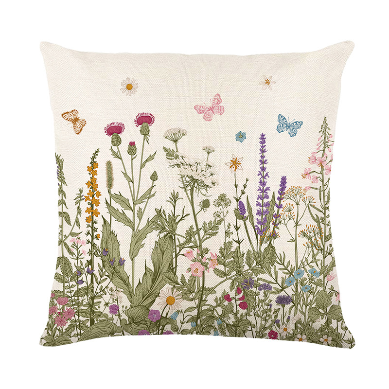 Amazon New Spring Floral Throw Pillow Cover Linen Printed Letter Sofa Cushion Cover Cross-border Home Throw Pillow Cover