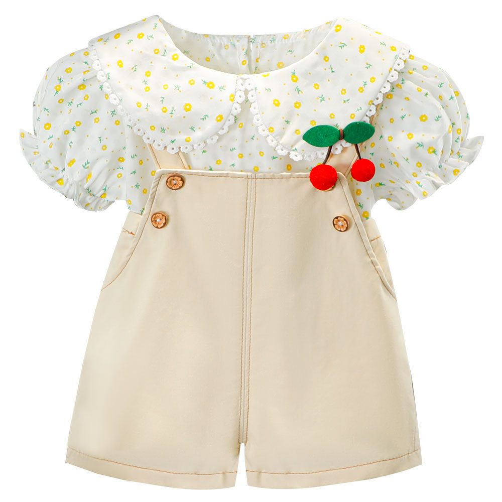 3118 Summer New Children's Cute Floral Short-sleeved T-shirt Strap Shorts Two-piece Set Children's Women's Hair