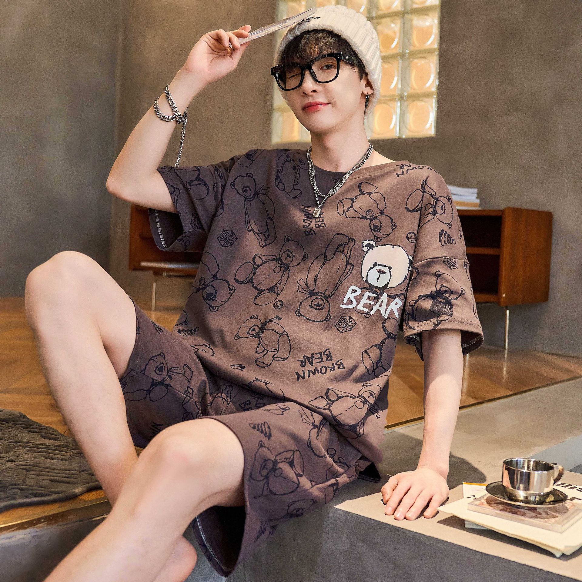 Youth men's pajamas summer short sleeve thin loose casual casual casual home wear for suit can be worn outside