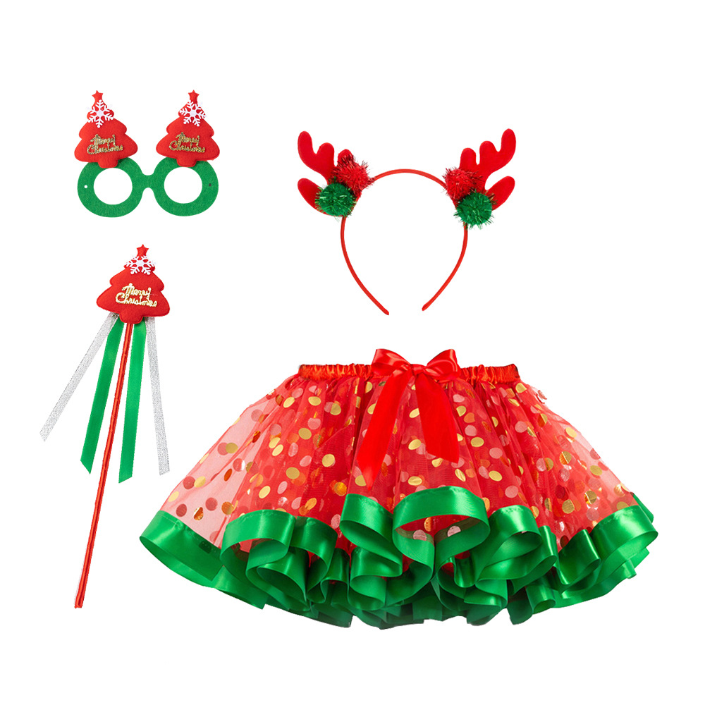Christmas Printed Girl's Tutu Dress Headband Eye Mask Magic Wand Four-piece Holiday Party Mesh Half-length Skirt