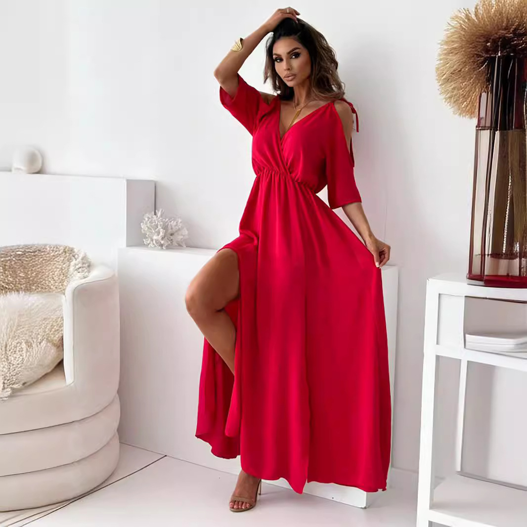 2024 Hot Sale V-neck Skirt Slit Dress Off-shoulder Sleeve Sexy Suspender Dress