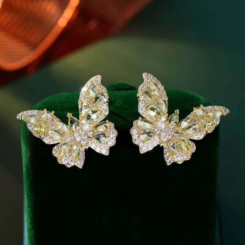 New European and American Earrings Heavy Industry High-grade Color Zircon Earrings Women's Atmospheric s925 Silver Needle Three-dimensional Butterfly Earrings